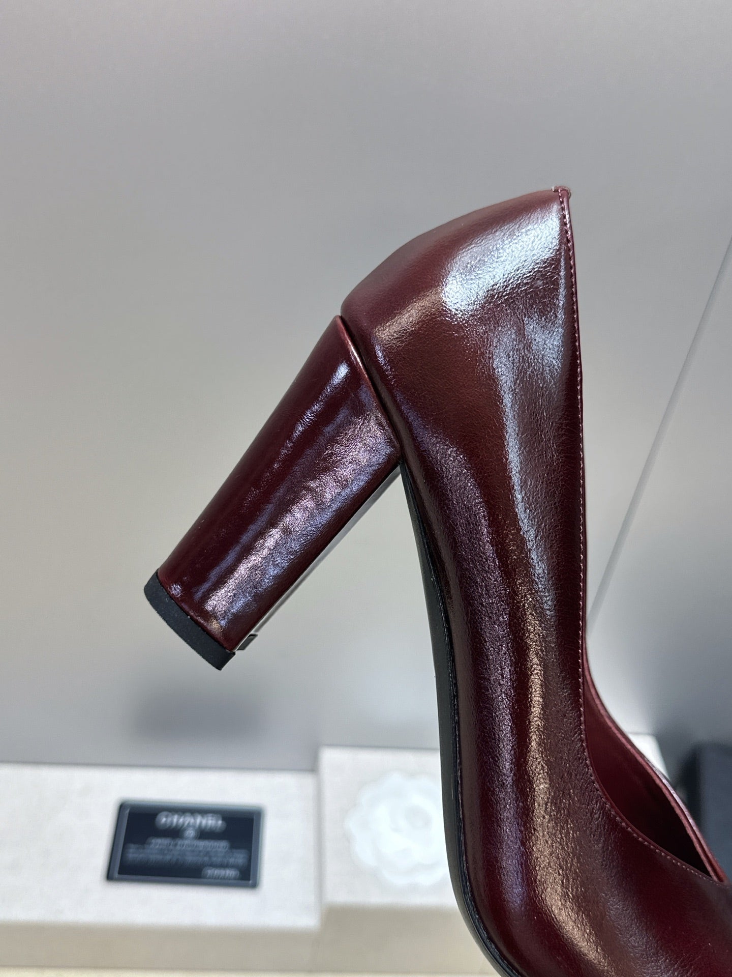 CC Square Toe Block Heel Pumps 90mm Burgundy Patent Leather 896862