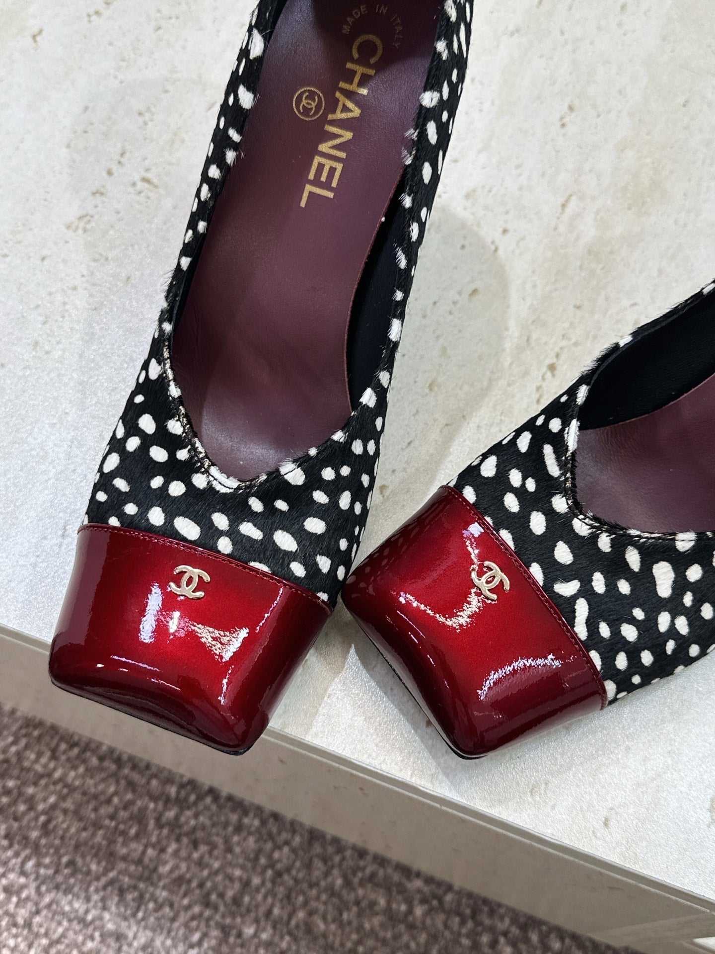 CC Cap Toe Pumps 90mm Leopard Black Burgundy Pony Hair & Patent Leather 896859