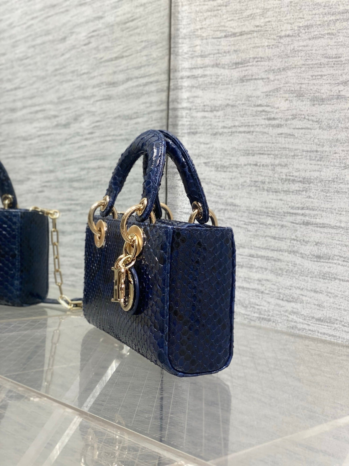 CD Lady D-Joy Bag 22cm Navy Snakeskin Leather GHW 160000