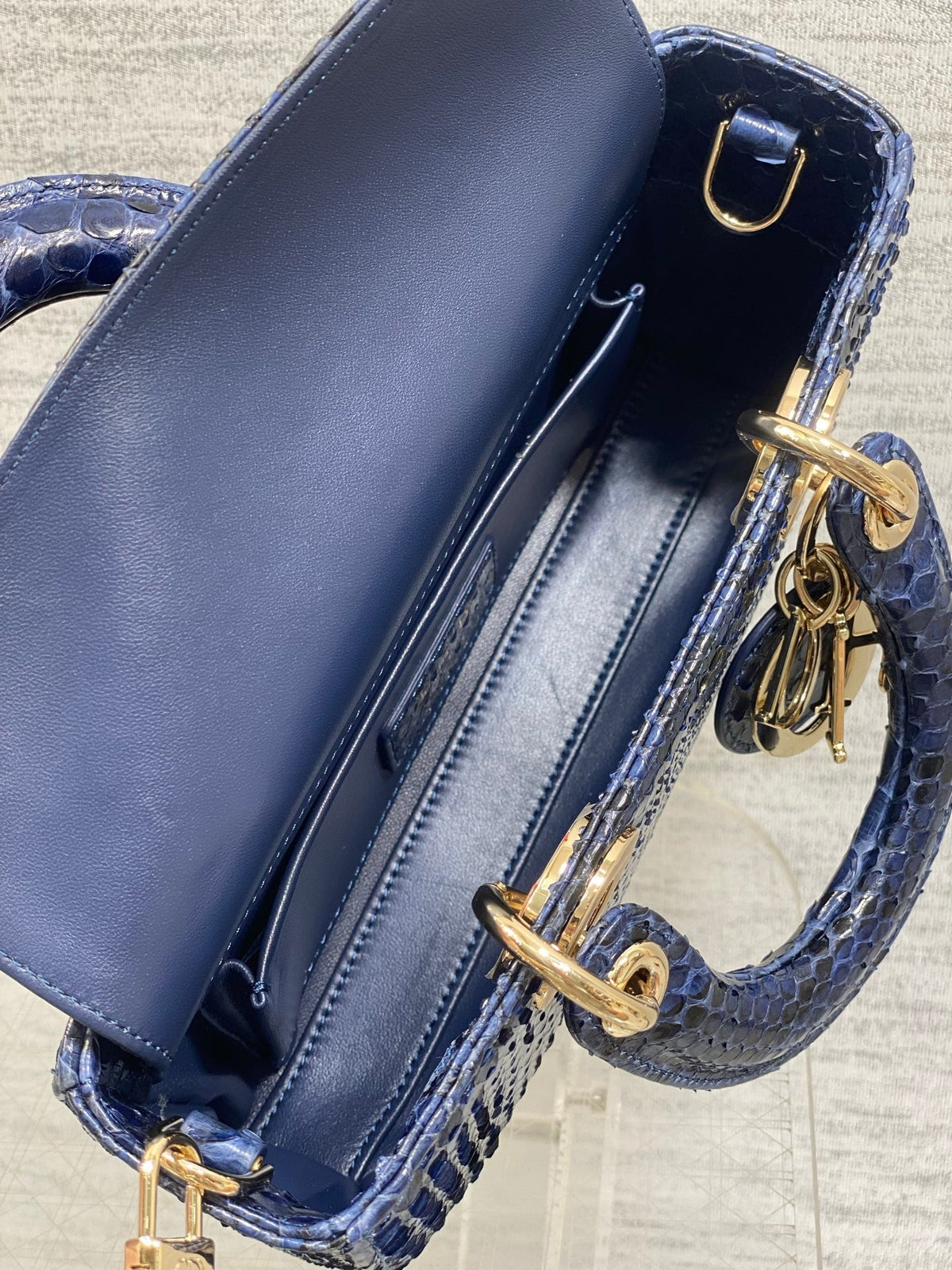 CD Lady D-Joy Bag 22cm Navy Snakeskin Leather GHW 160000