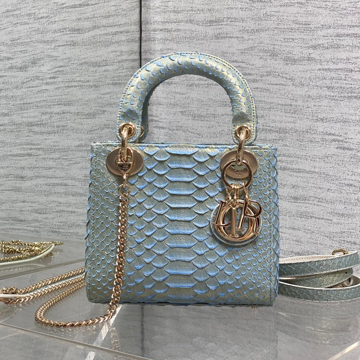 CD Mini Lady Dior Bag 17cm Blue Snakeskin Leather GHW 159996