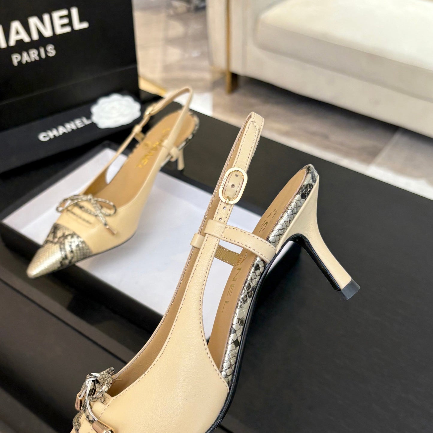 CC Snake Print Cap Toe Bow Slingback Pumps 6.5cm Beige Leather 912931