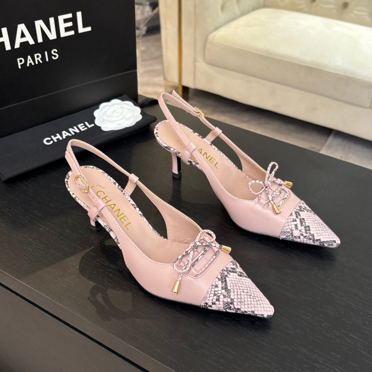 CC Snake Print Cap Toe Bow Slingback Pumps 6.5cm Pink Leather 912930