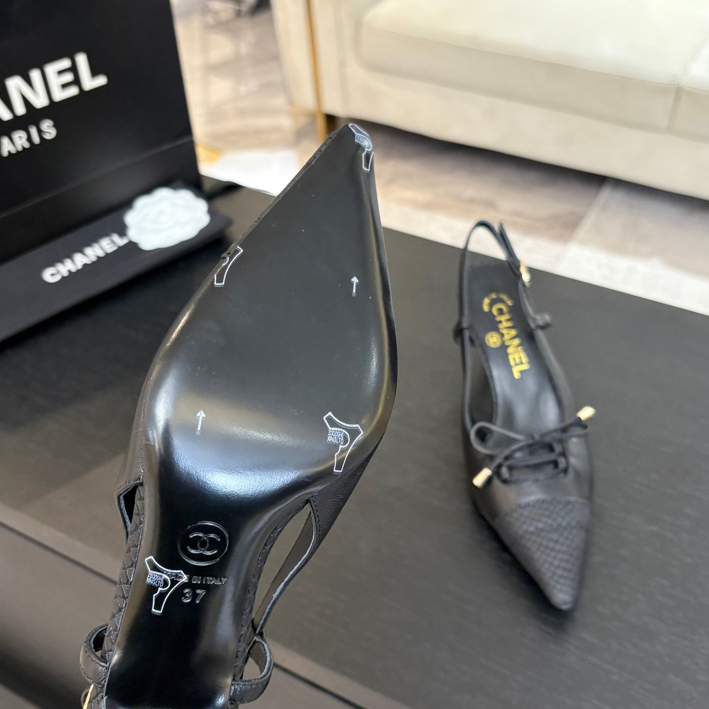 CC Snake Print Cap Toe Bow Slingback Pumps 6.5cm Black Leather 912929