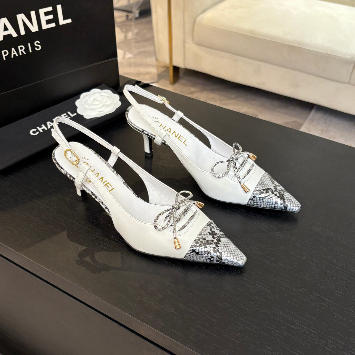 CC Snake Print Cap Toe Bow Slingback Pumps 6.5cm White Leather 912928