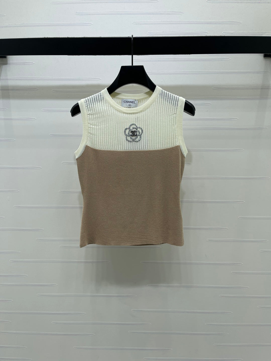CC Crystal Camellia Tank Top Beige Brown Wool 406415