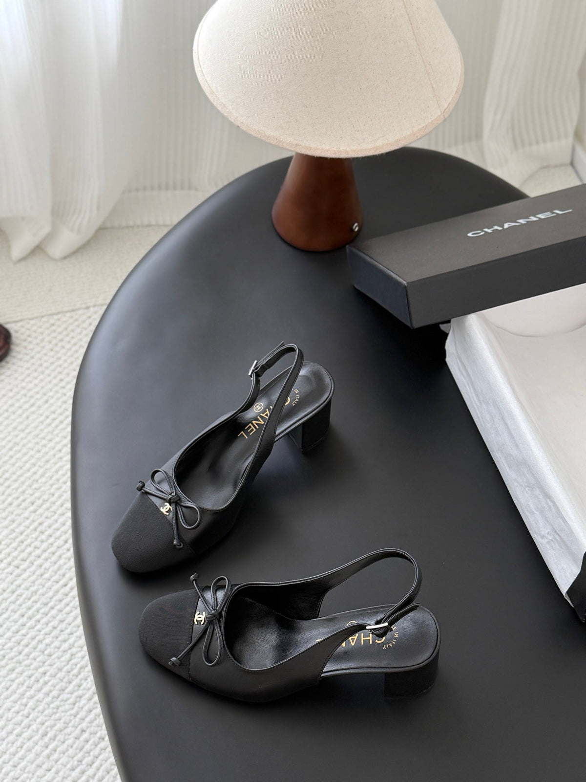 CC Square Toe Slingback Pumps Black Leather 915051