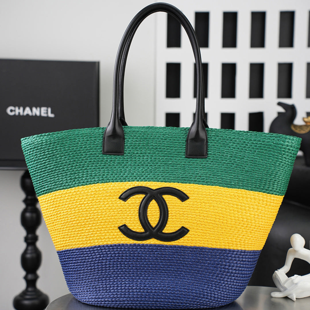 CC Coco Beach Maxi Shopping 58cm Bag Green Yellow Blue Braided Raffia 162469