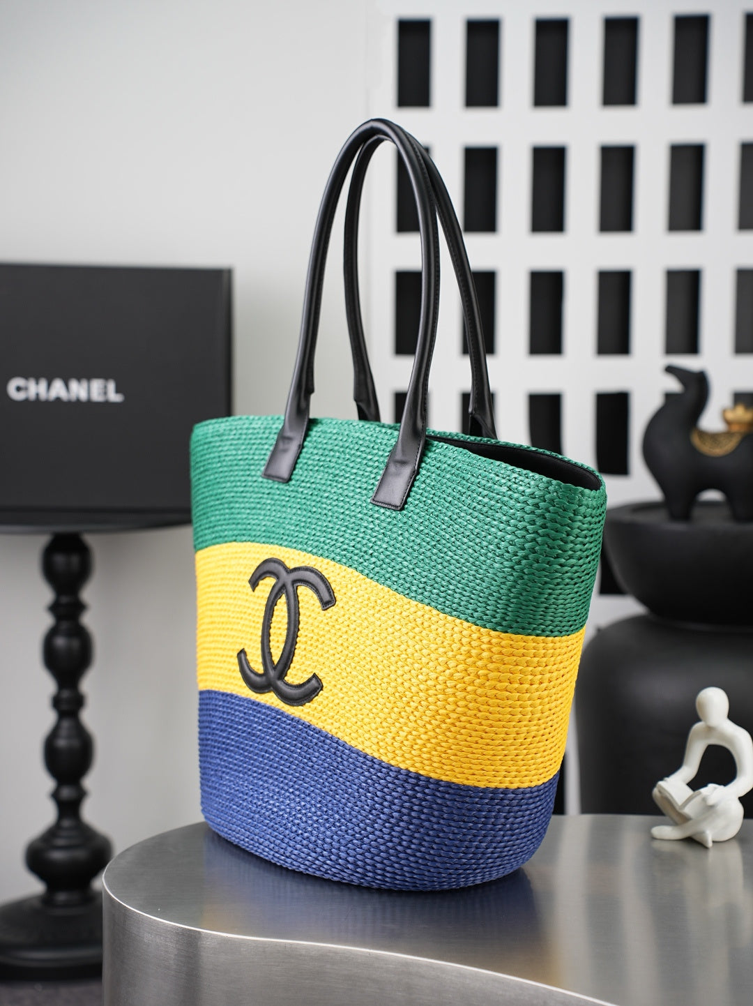 CC Coco Beach Maxi Shopping 58cm Bag Green Yellow Blue Braided Raffia 162469