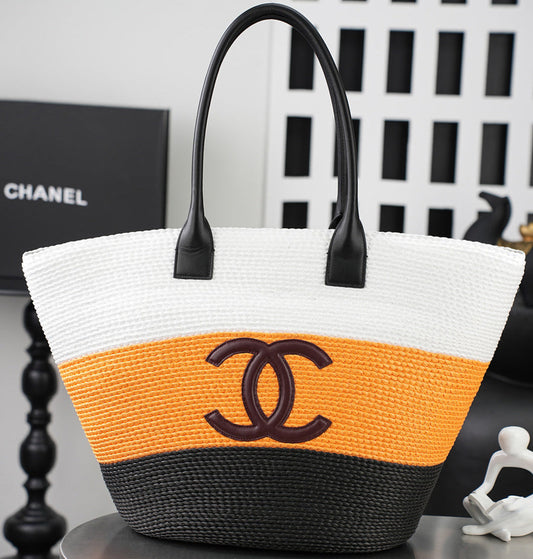 CC Coco Beach Maxi Shopping 58cm Bag White Orange Black Braided Raffia 162466