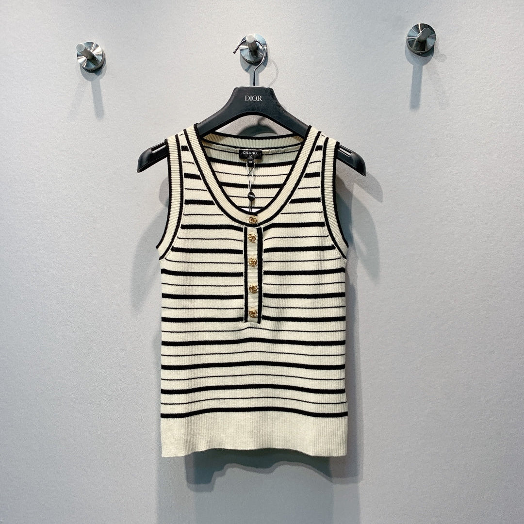 CC Striped Ribbed Knit Tank Top White Black Silk 411316