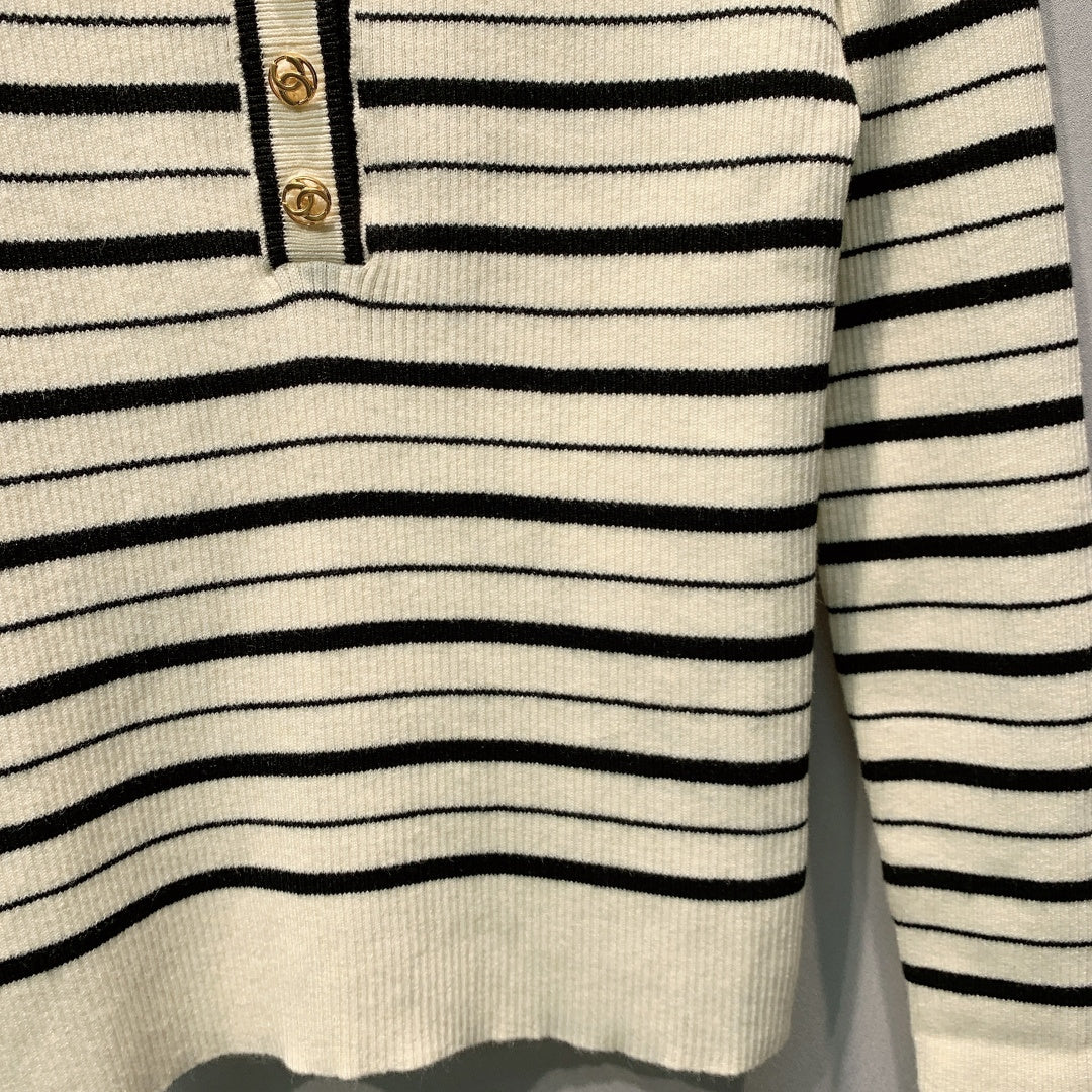 CC Striped Ribbed Knit Long Sleeve Top White Black Silk 411322