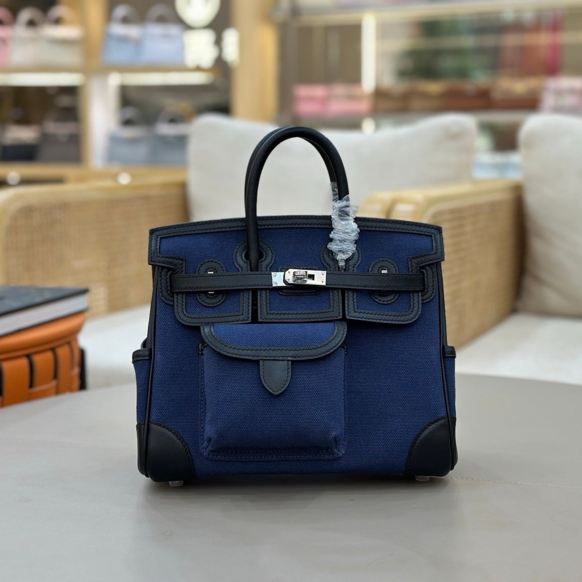 HM Birkin Cargo 25CM Handbag Black Navy Swift Canvas