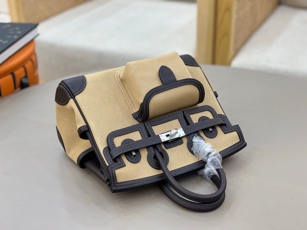 HM Birkin Cargo 25CM Handbag Black Beige Swift Canvas