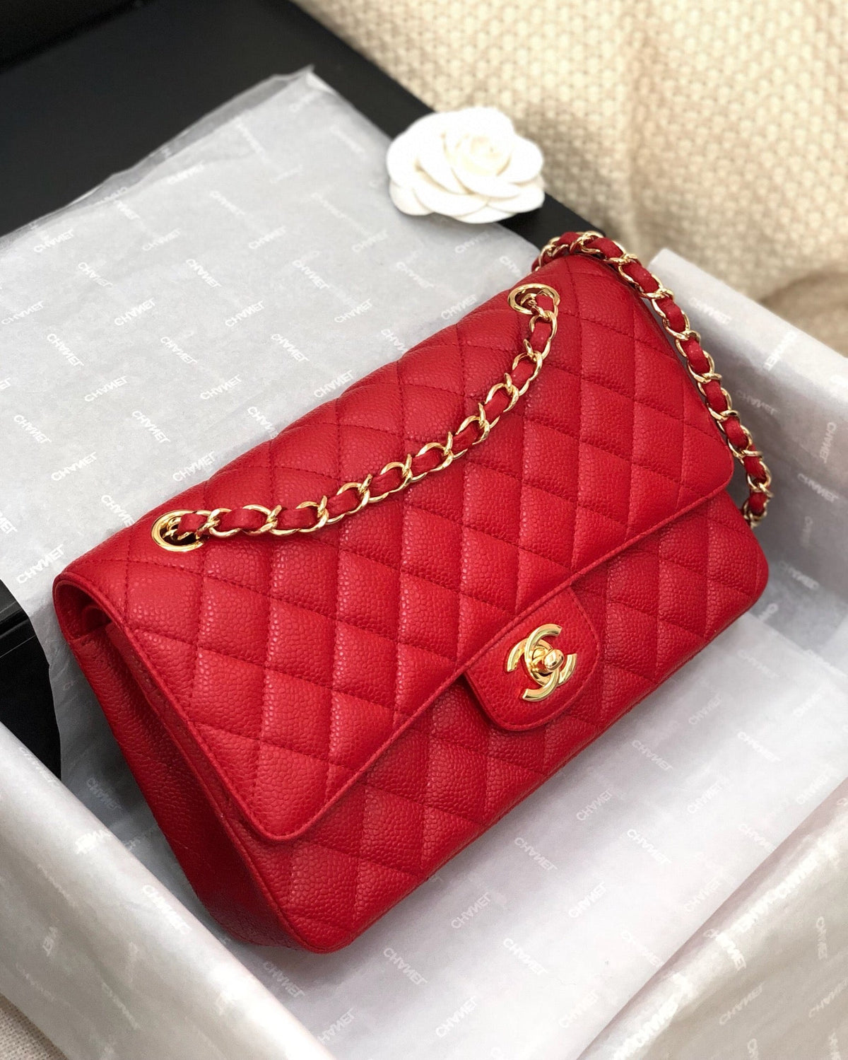 CC Double Flap Bag 25cm Red Quilted Caviar Leather 178751