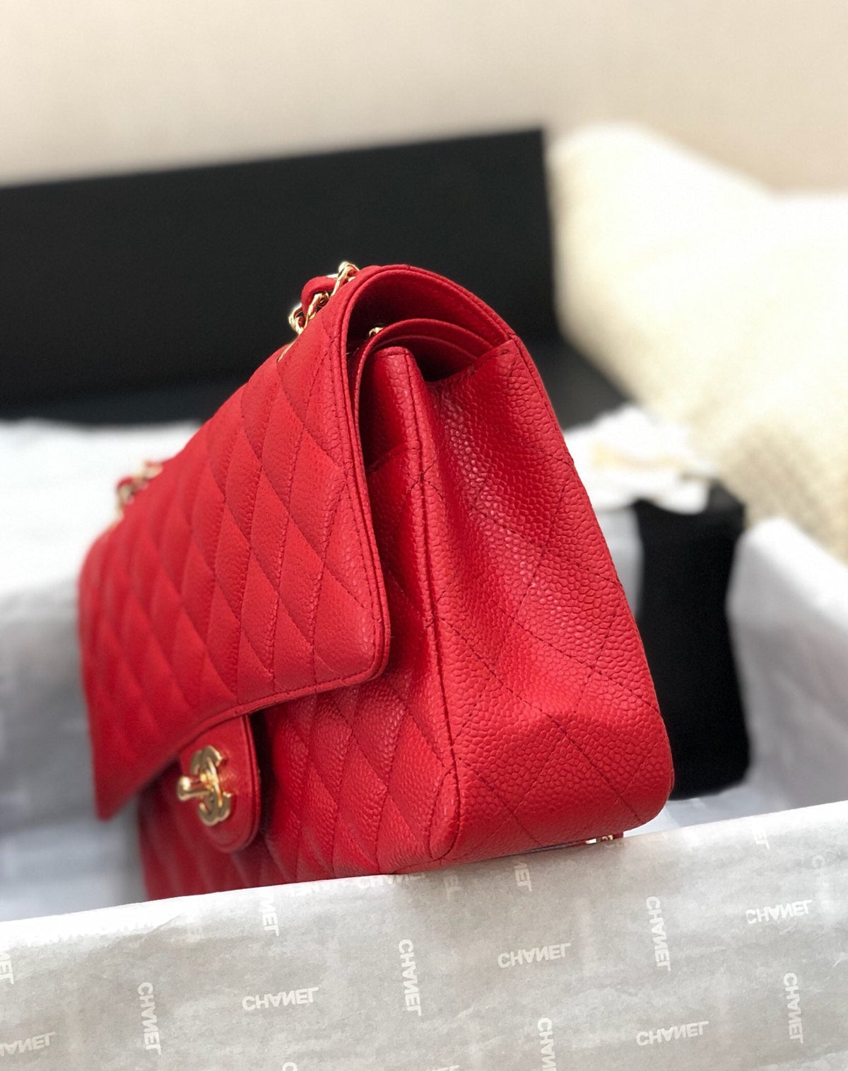 CC Double Flap Bag 25cm Red Quilted Caviar Leather 178751
