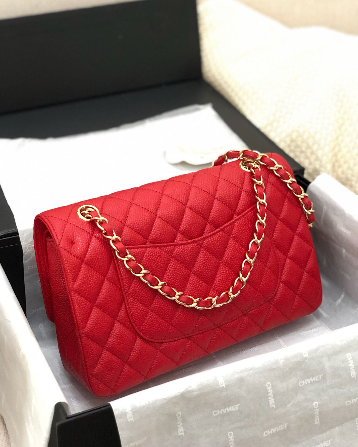 CC Double Flap Bag 25cm Red Quilted Caviar Leather 178751