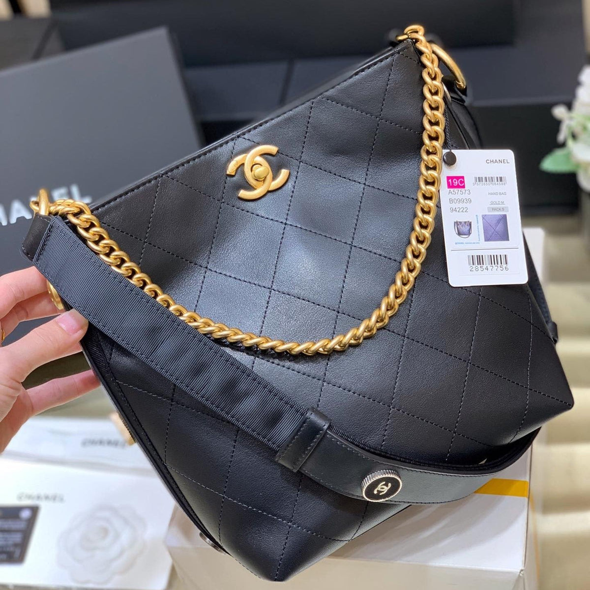 CC Button Up Hobo 23cm Black Cowhide & Grosgrain GHW