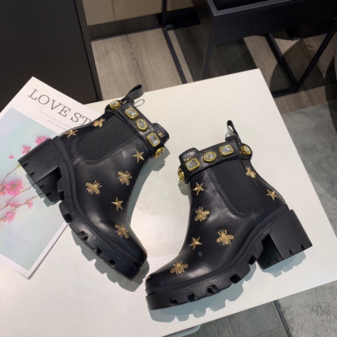 GG ankle boots star and bee black sheepskin with belt clearance