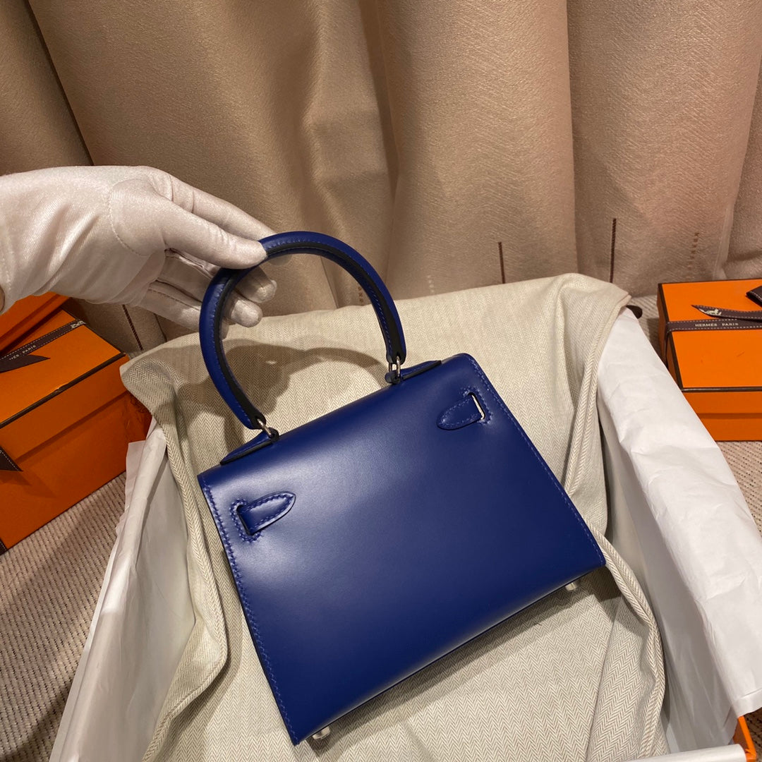 KELLY MINI 20 BAG IN NAVY BLUE SMOOTH CALFSKIN WITH SILVER HARDWARE (MADE - TO - ODER)