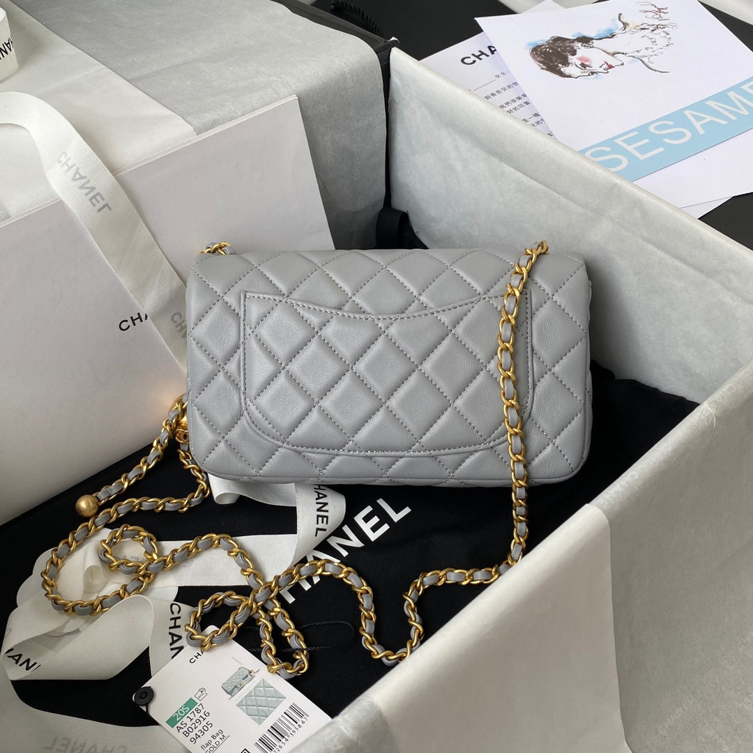 Classic Mini Flap Bag 20cm Grey Lambskin Gold Hardware
