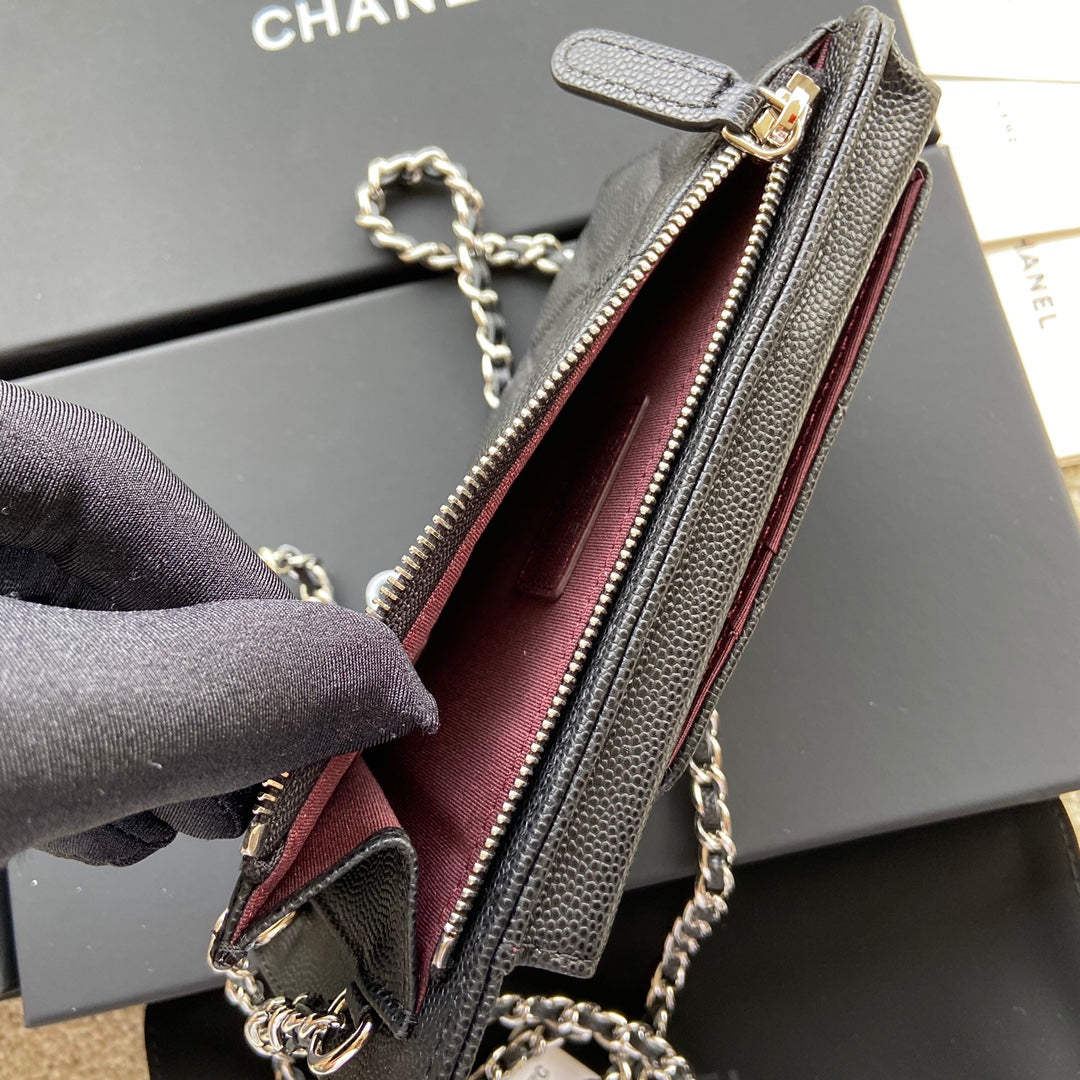 CC Compact Double Pouch Black Caviar Sliver Steel 229639