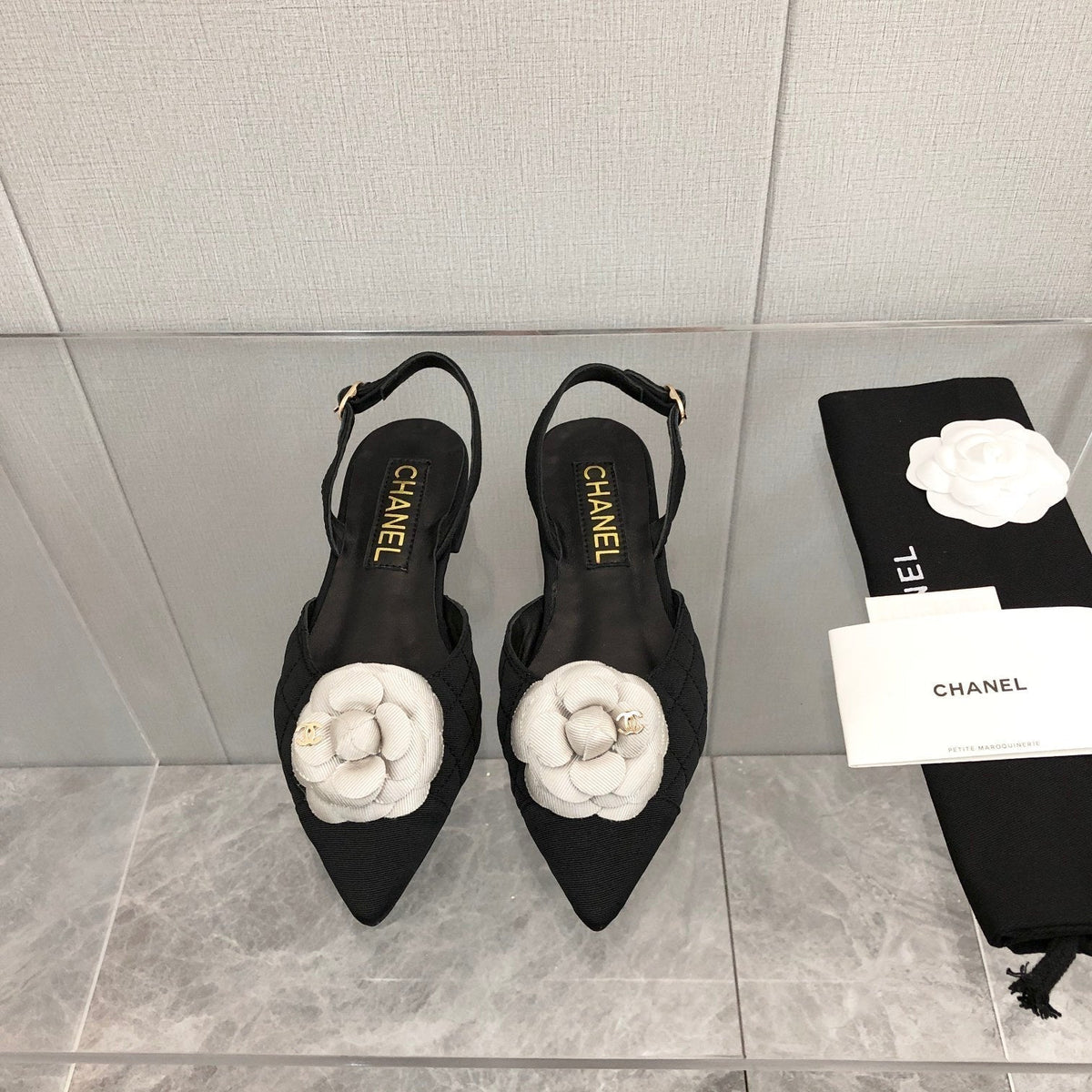CC 25C 2CM Slingback Flats Black White Fabric 213237