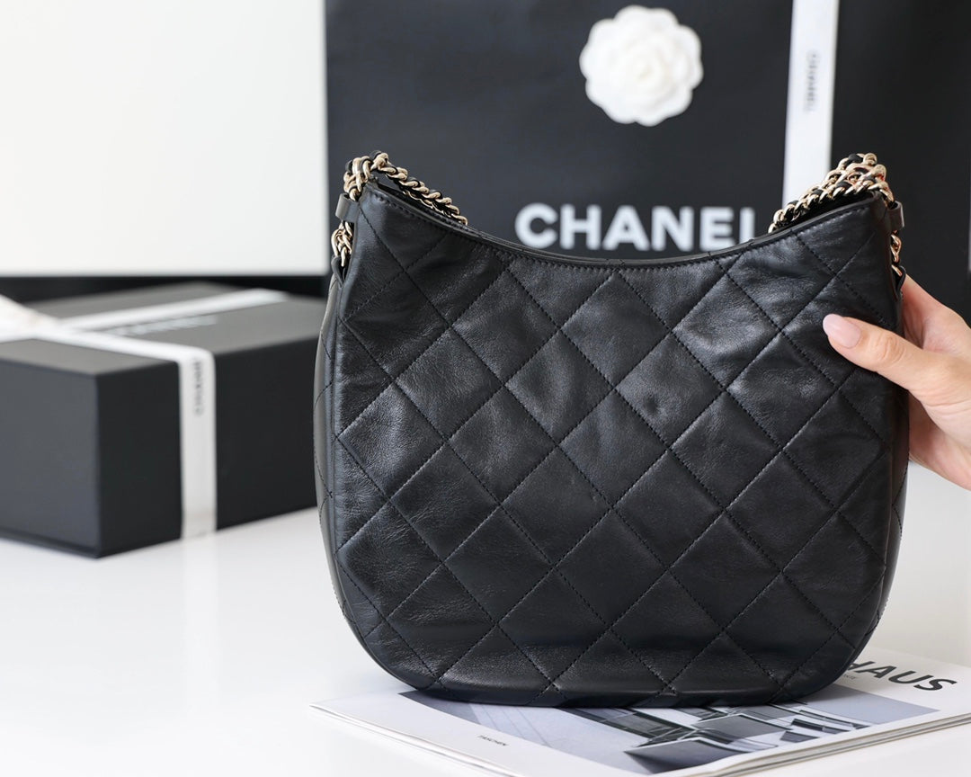 CC 22p Turnlock Hobo 26cm Quilted Black Lambskin Light GHW