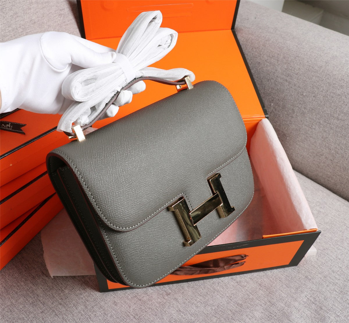 HM CONSTANCE BAGS 22 PEWTER GRAY EPSOM