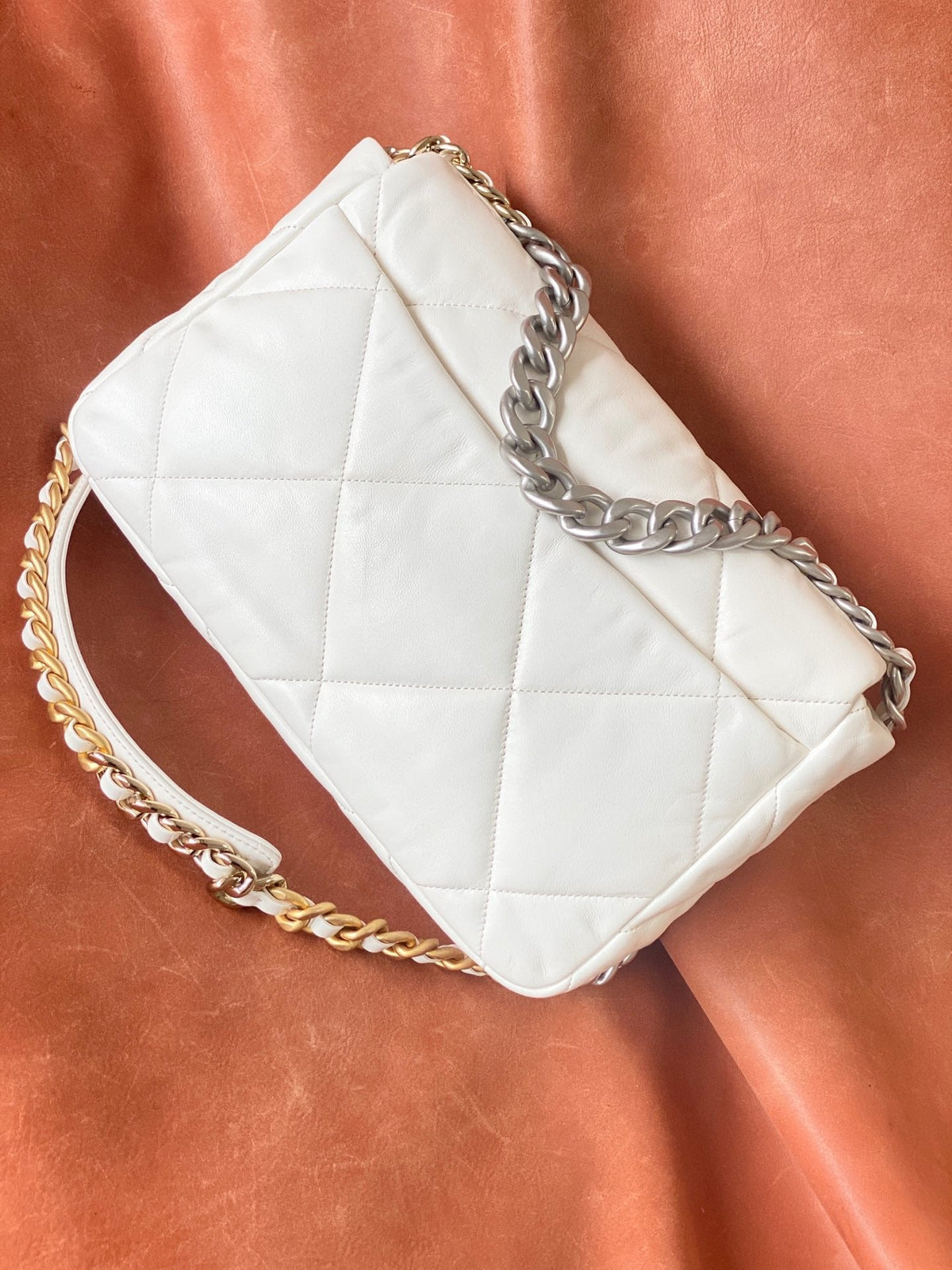 CC 19 Handbag 25cm White Calfskin Gold Hardware mix Sliver Hardware