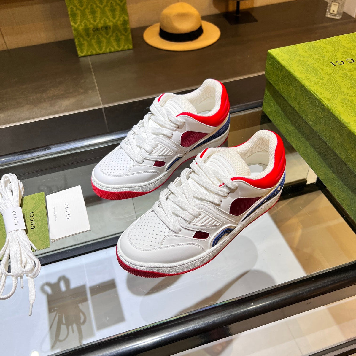 GG Basket Low Trainers White Red Leather 816639
