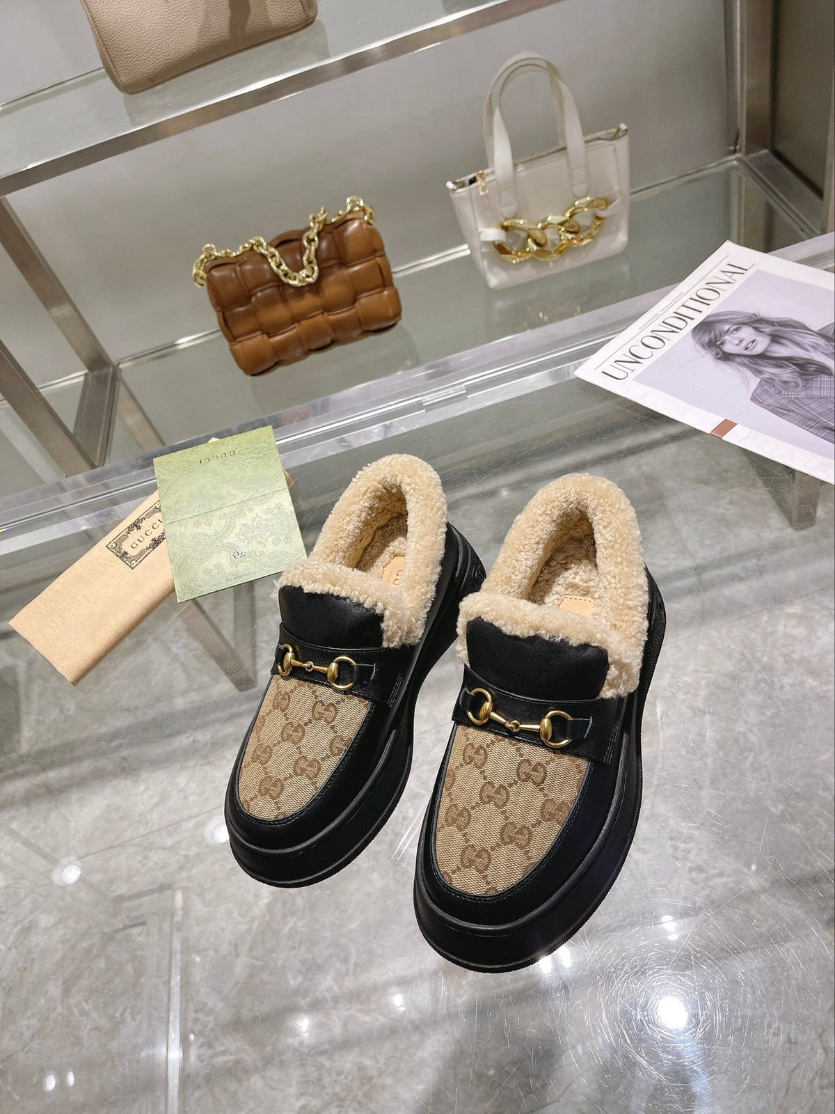 GG Snow Boots Black Beige Calfskin Denim Wool 576250