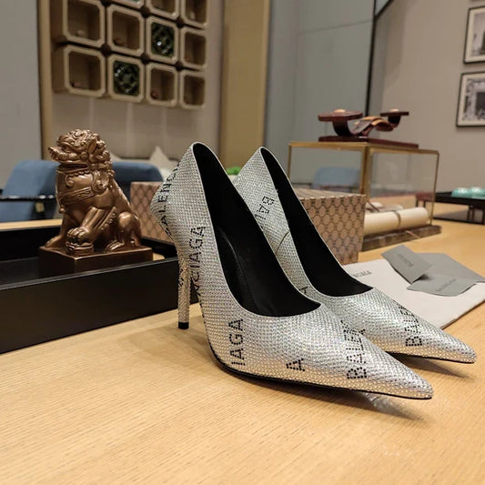 Balenciaga 26s High Heel Pump 100 Sliver Rhinestone Cowhide 681192