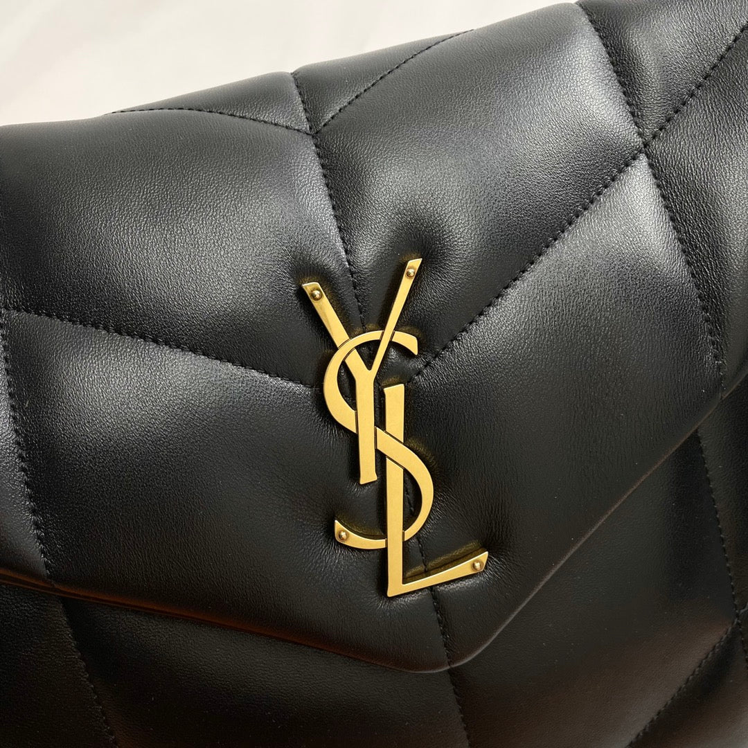 YSL Loulou Puffer Medium Bag 35cm Black Gold Glossy Leather