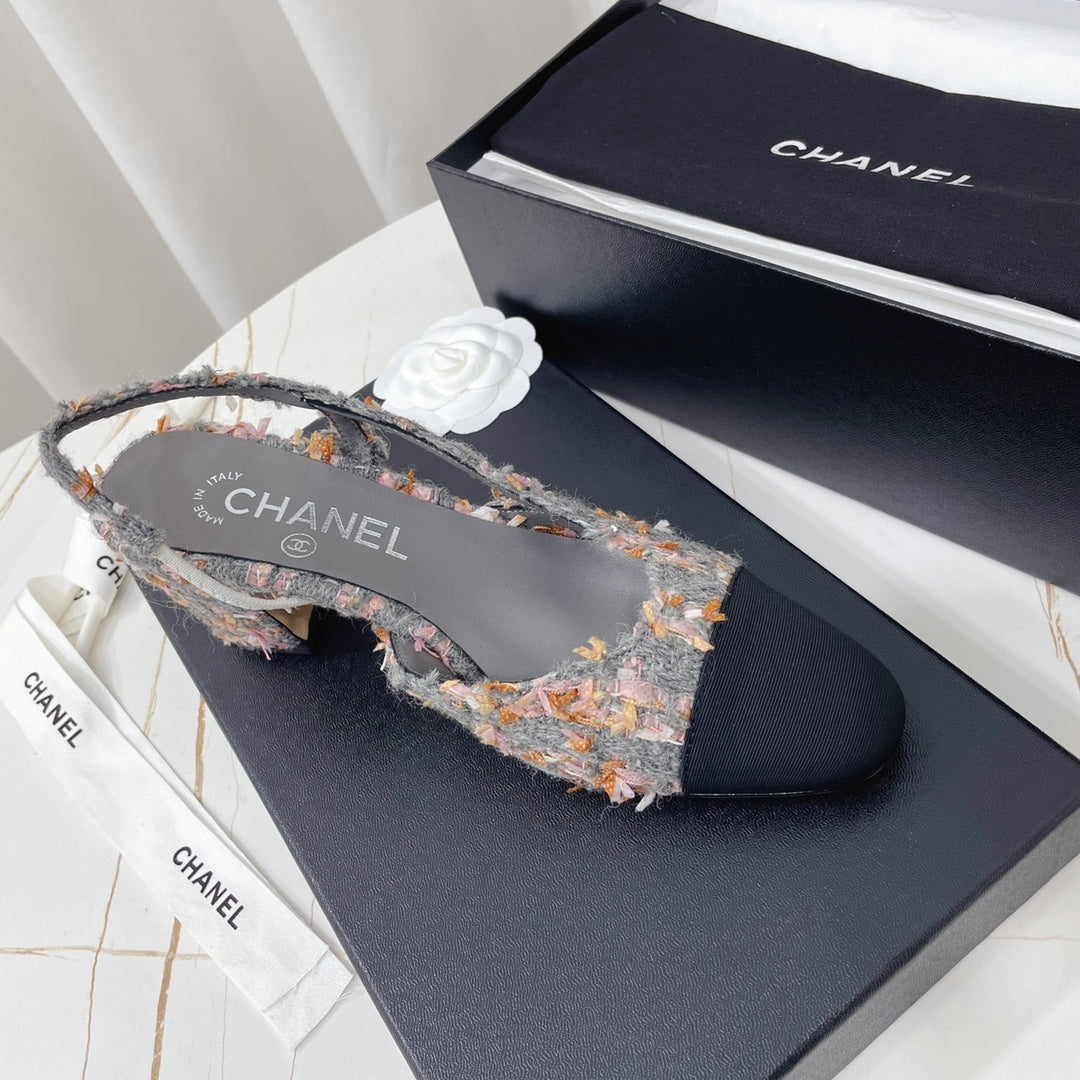 CC 26s High-Heel Slingbacks 6.5cm Black Mix Grey Tweed