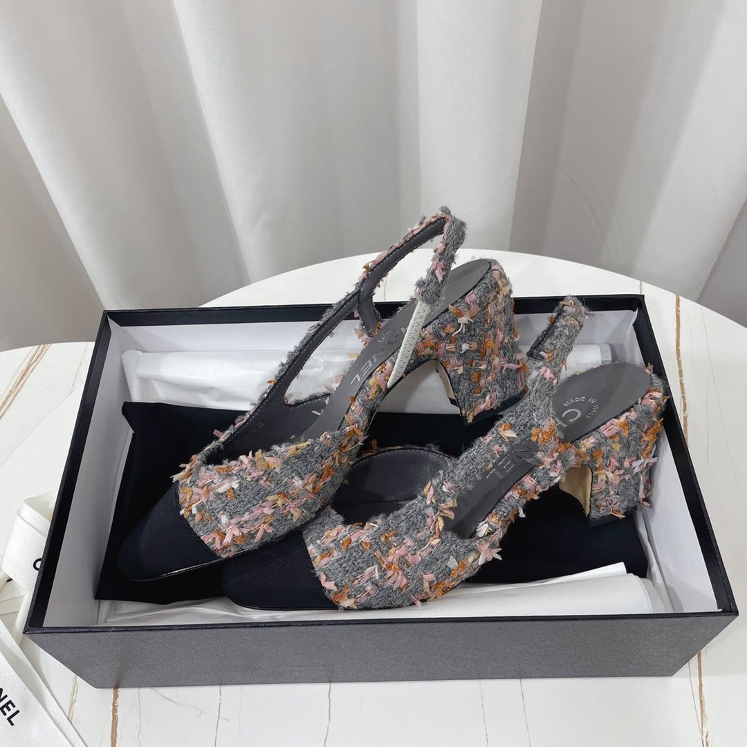 CC 26s High-Heel Slingbacks 6.5cm Black Mix Grey Tweed