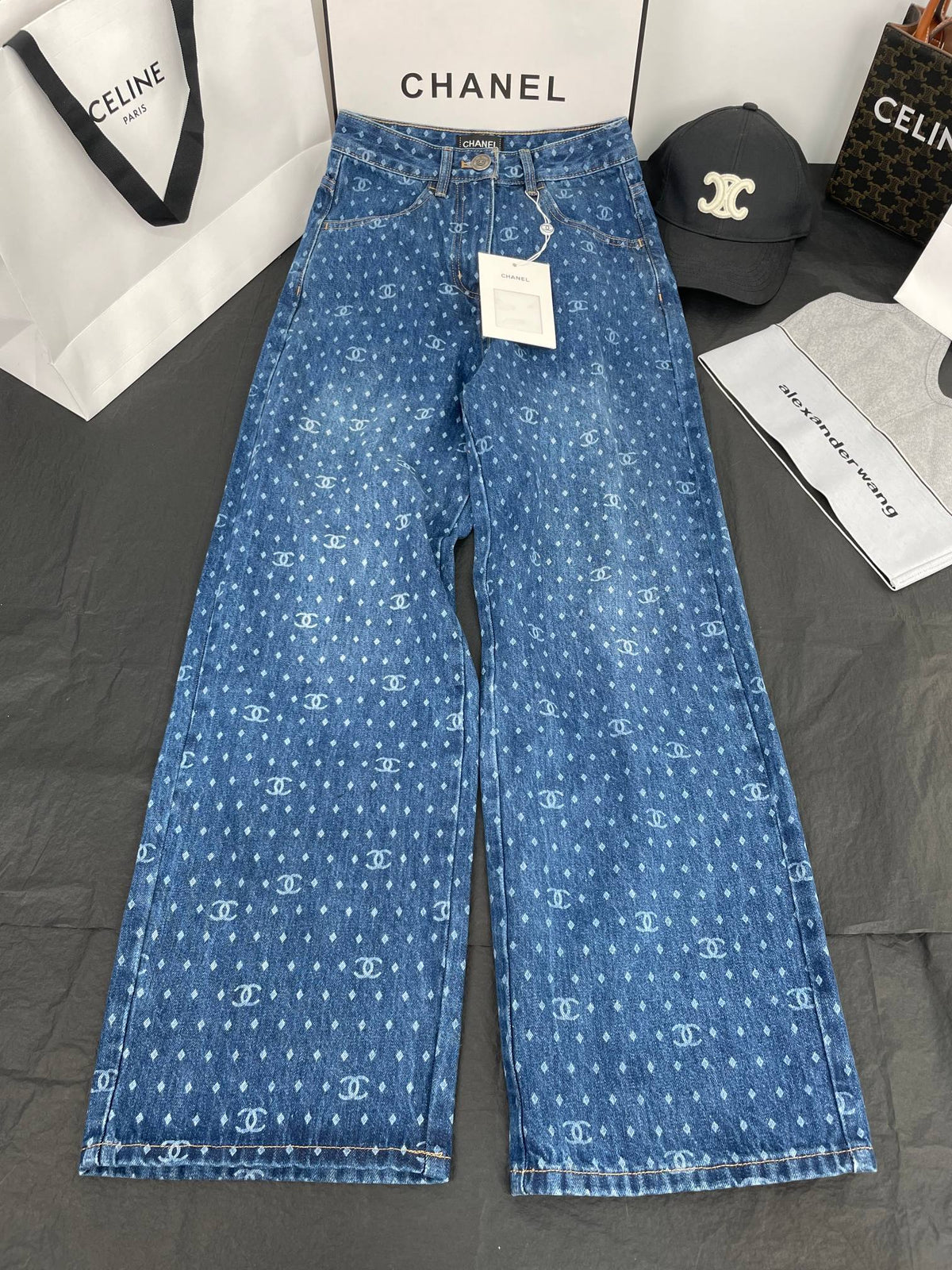 CC Polka Dot Double C Wide-Leg Straight-Leg Jeans 344167