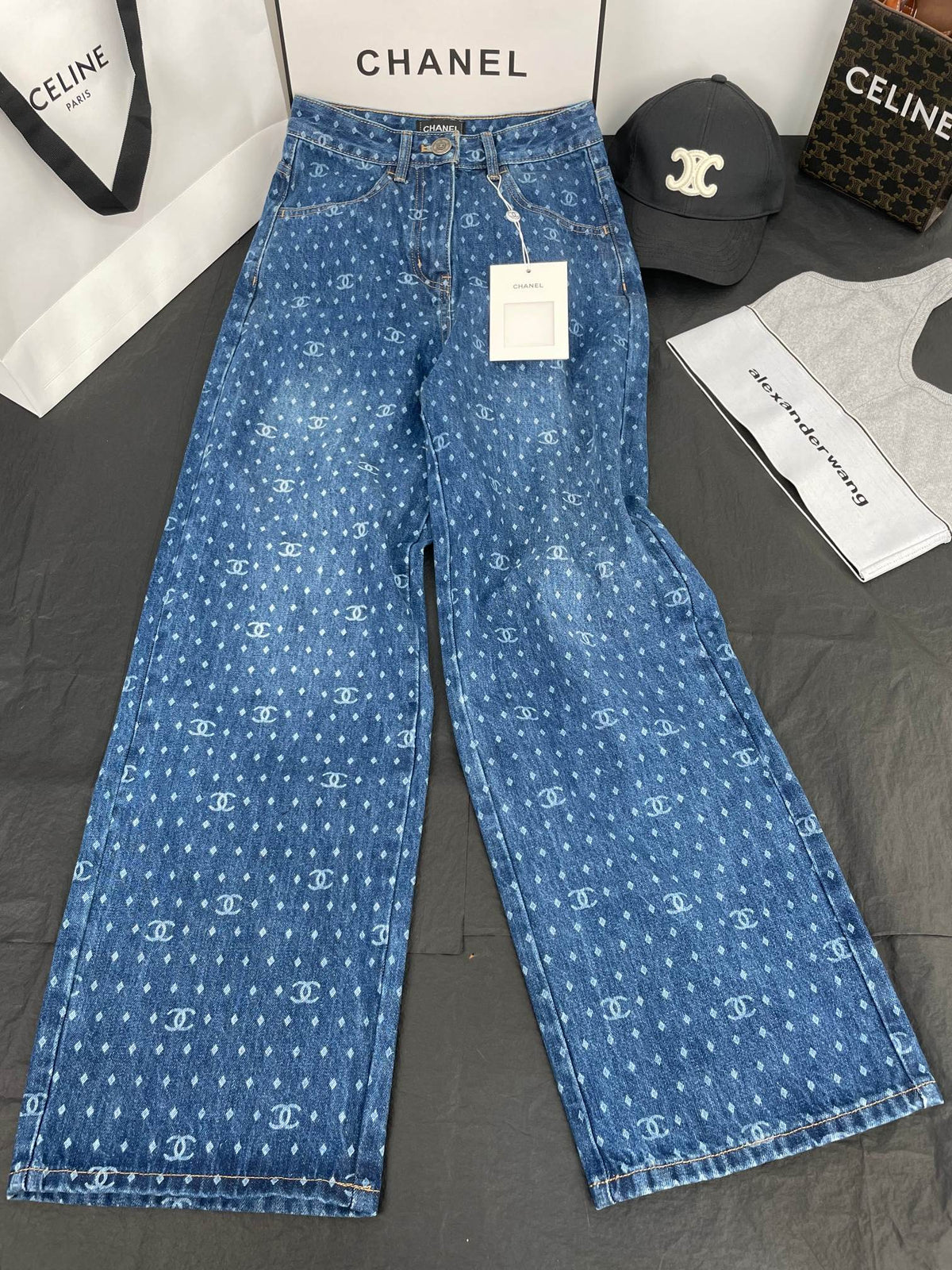 CC Polka Dot Double C Wide-Leg Straight-Leg Jeans 344167