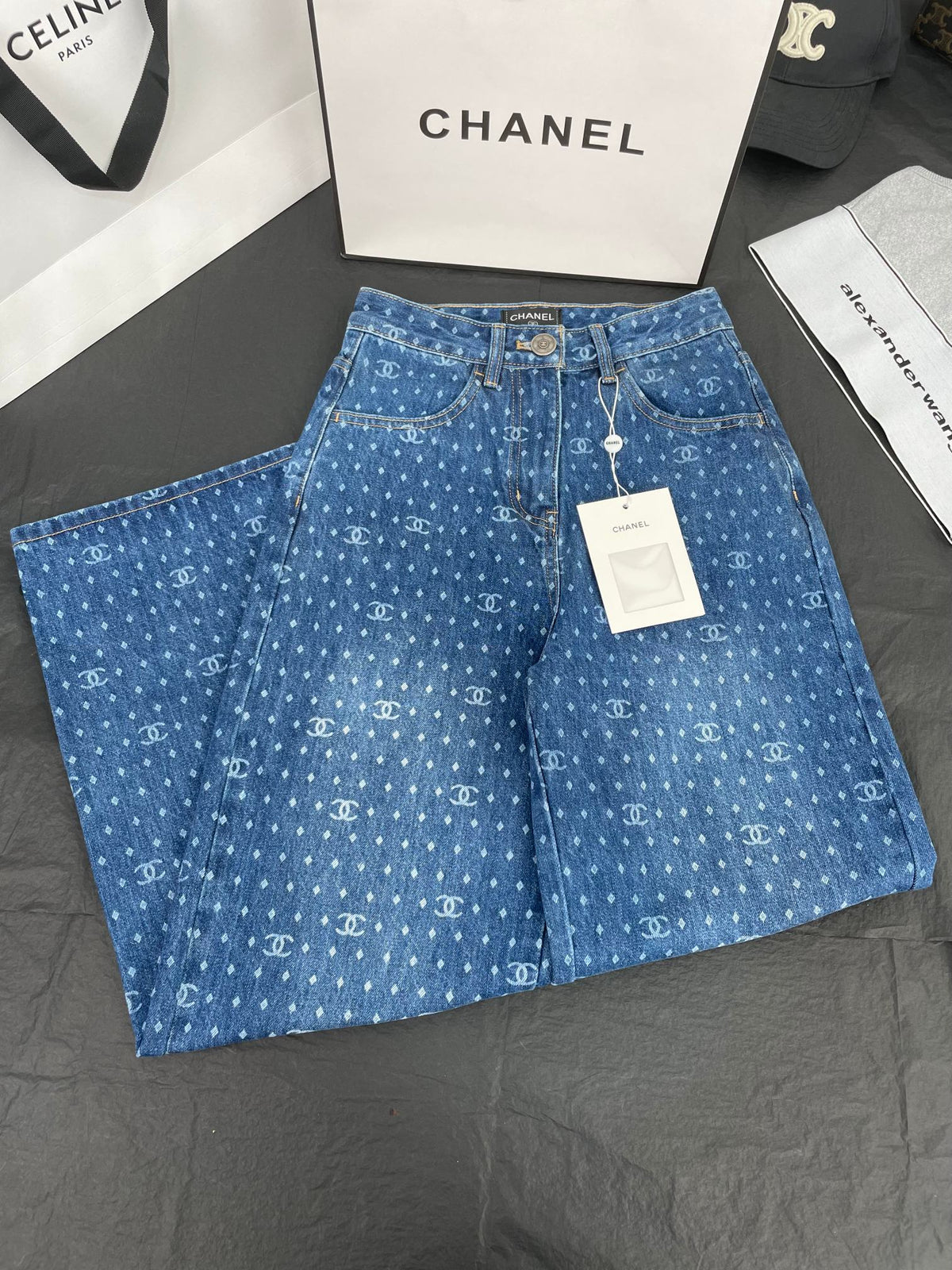 CC Polka Dot Double C Wide-Leg Straight-Leg Jeans 344167