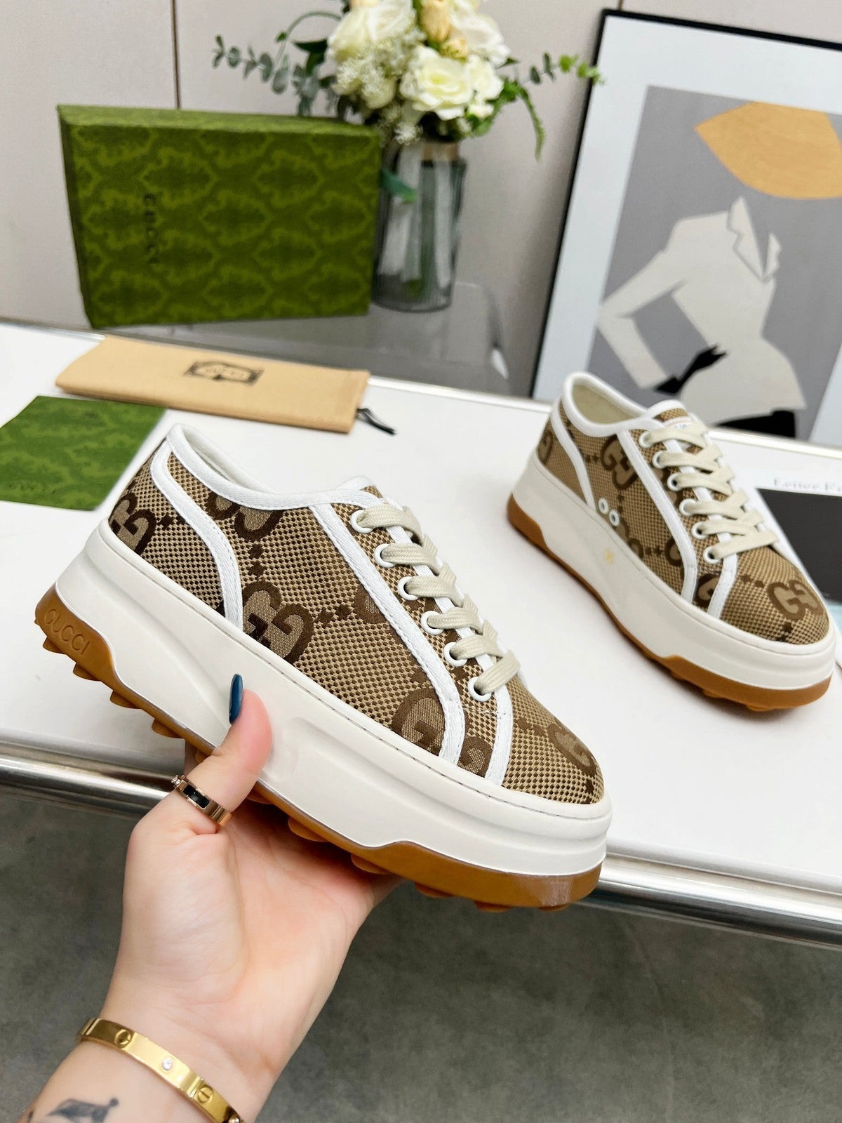 GG Low Top Sneakers 50mm Beige Brown Monogram Canvas 457430