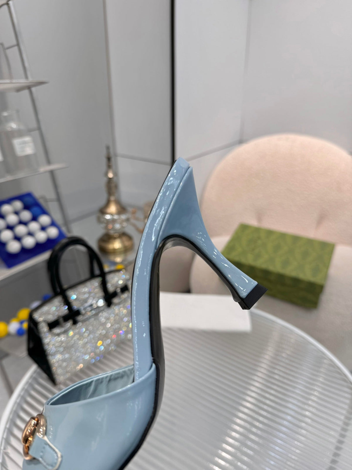GG Gold Buckle Slide Sandal 80mm Blue-gray Patent Leather 457564