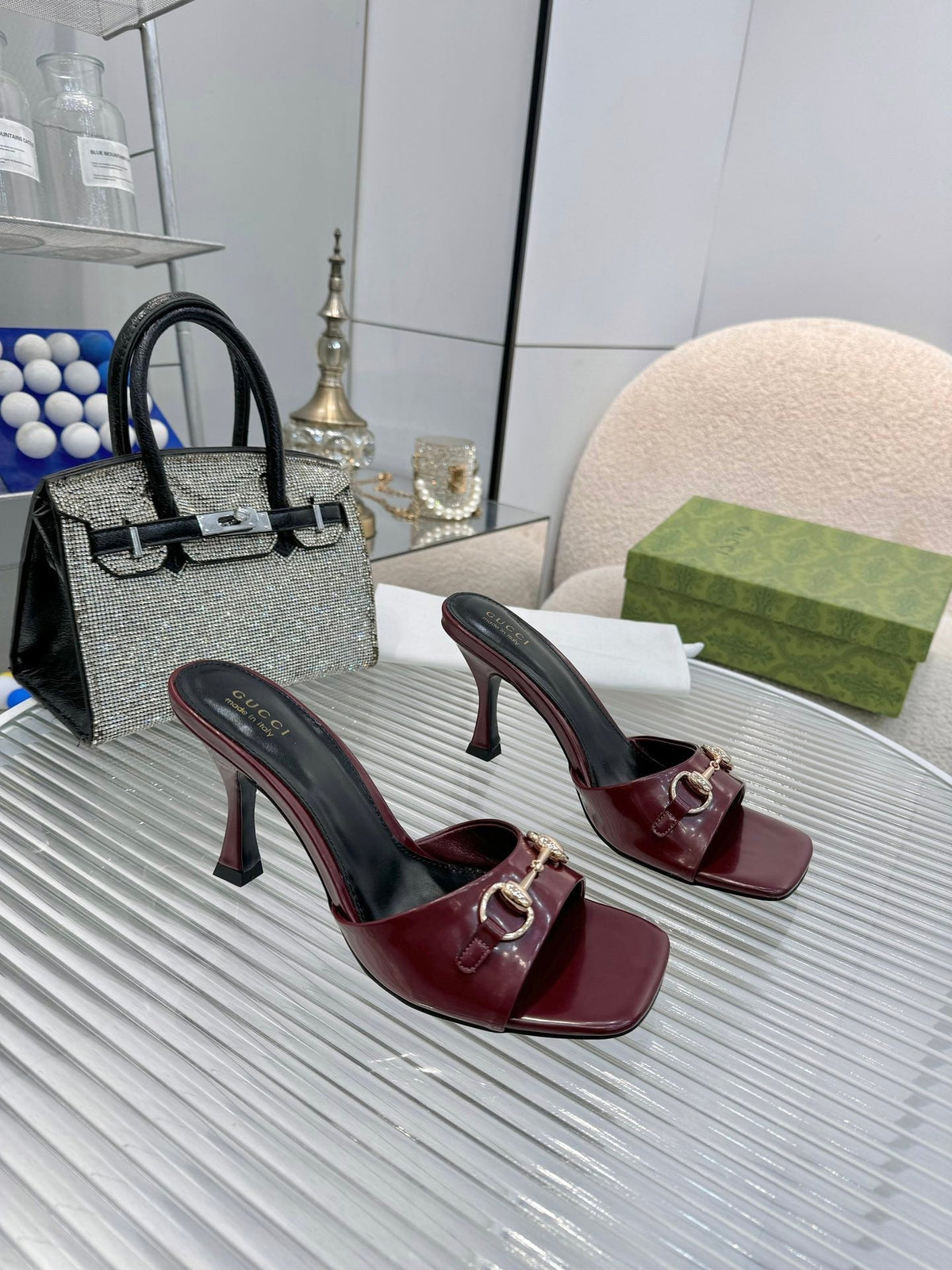 GG Gold Buckle Slide Sandal 80mm Burgundy Patent Leather 457566