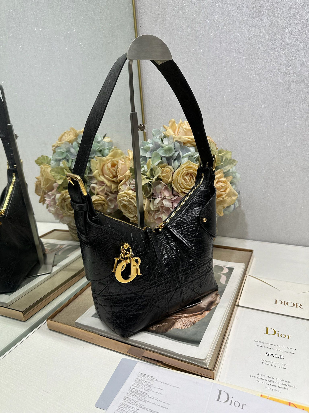 CD Small Dior Voyage Bag 22cm Black Glossy Macrocannage Calfskin 288624