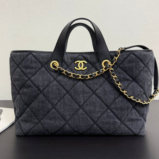 Chanel 2026 Tote Bag 44cm Black Quilted Denim Leather