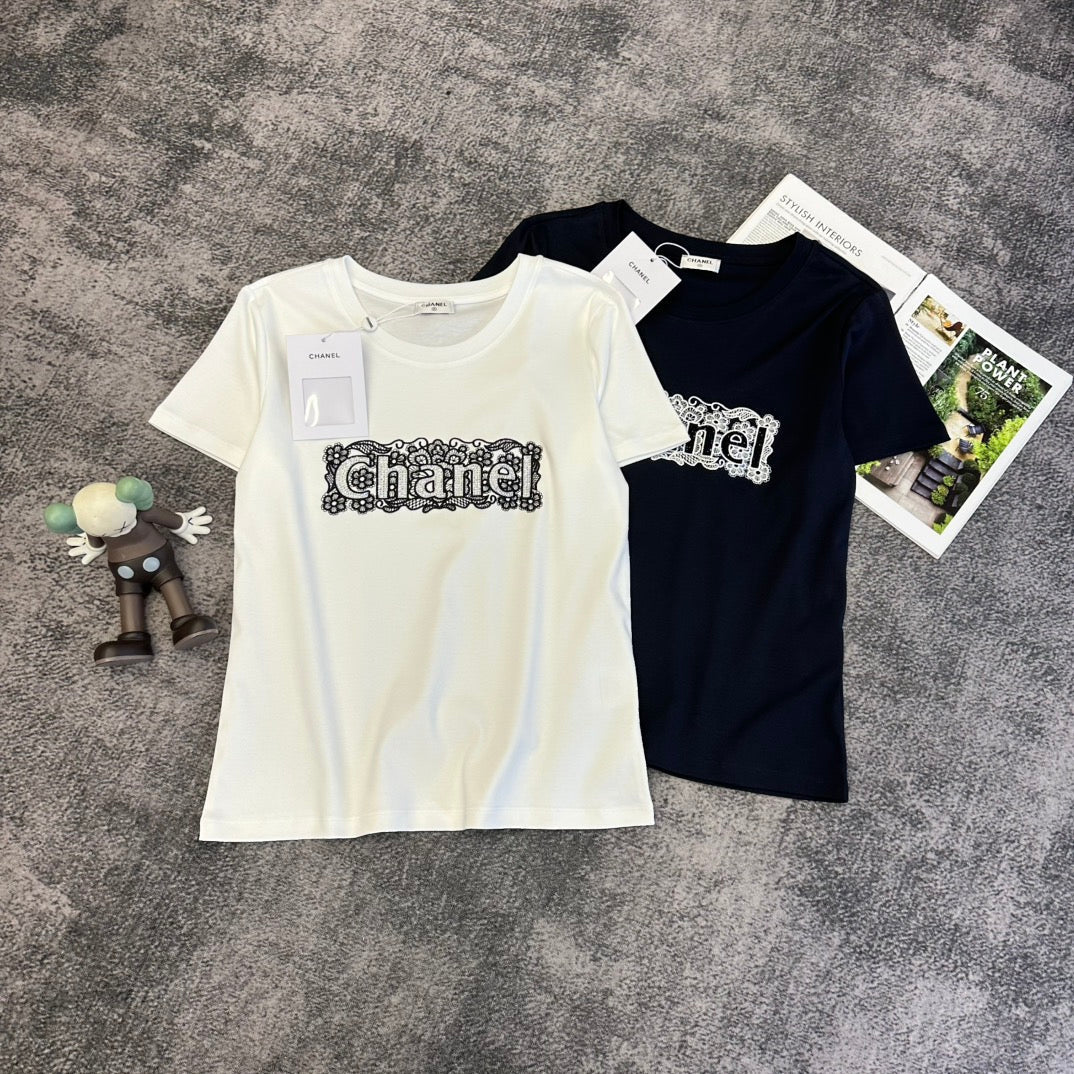 CC SS26 Lace Embroidery Logo T-Shirt Cotton 350573