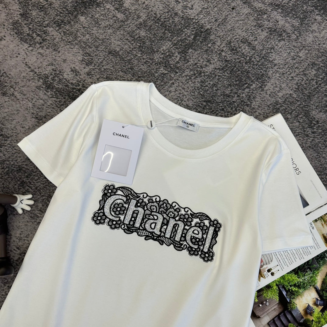 CC SS26 Lace Embroidery Logo T-Shirt Cotton 350573