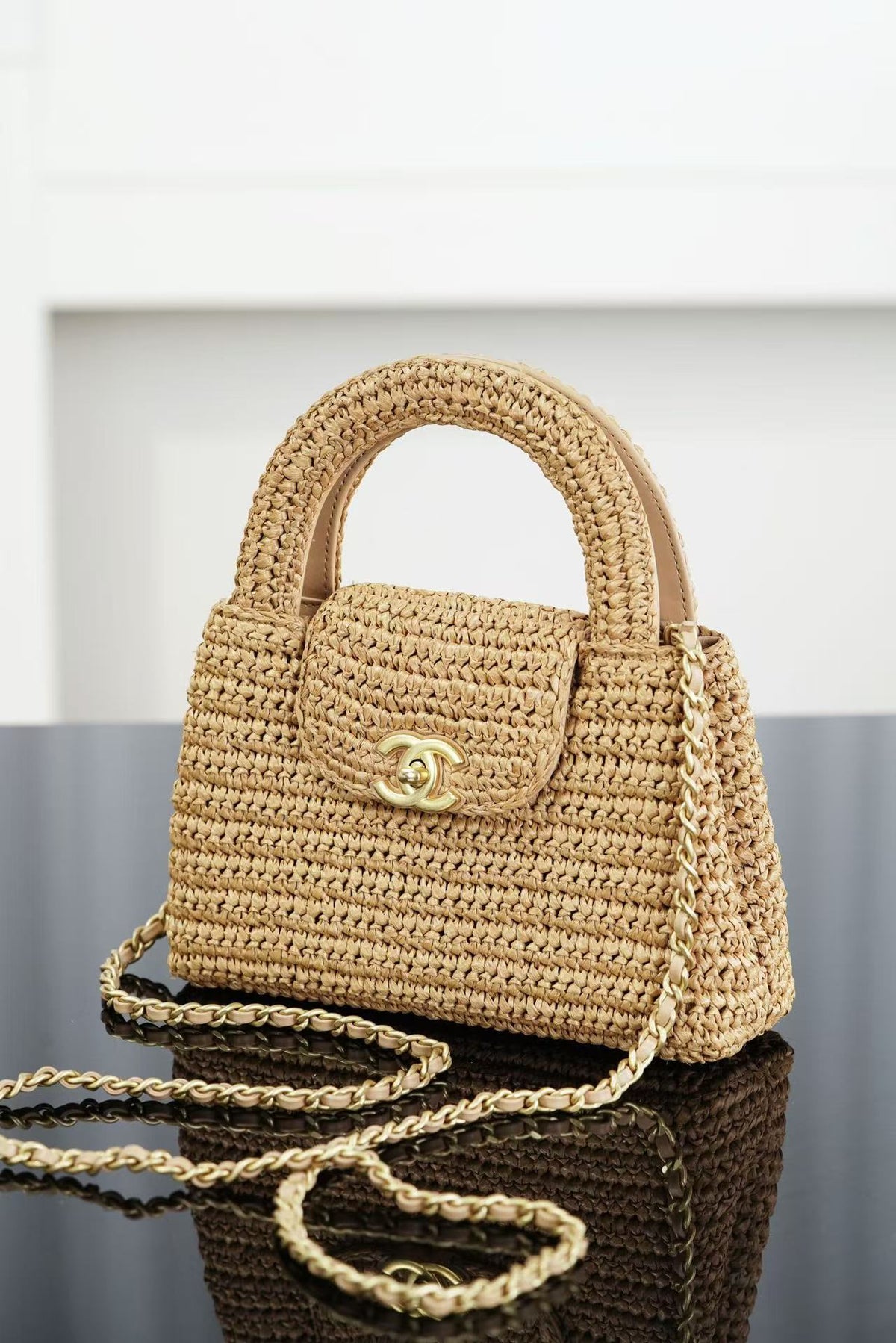 CC 26s Mini Shopping Bag Dark Beige Raffia