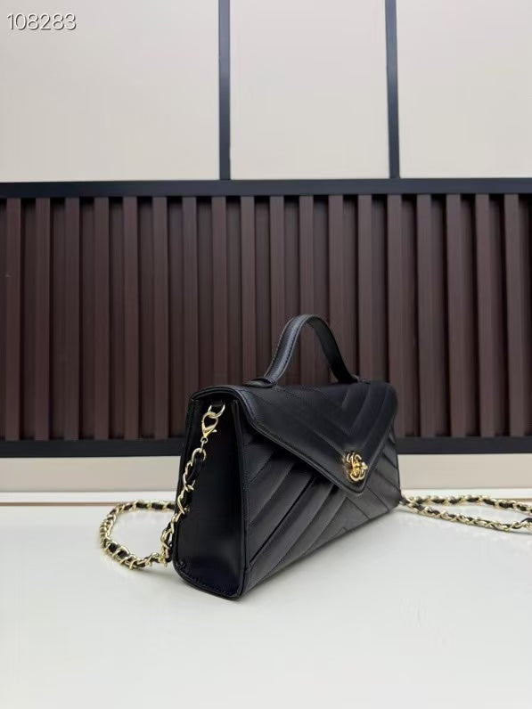 CC Large Flap Bag With Handles Black Goat Leather
