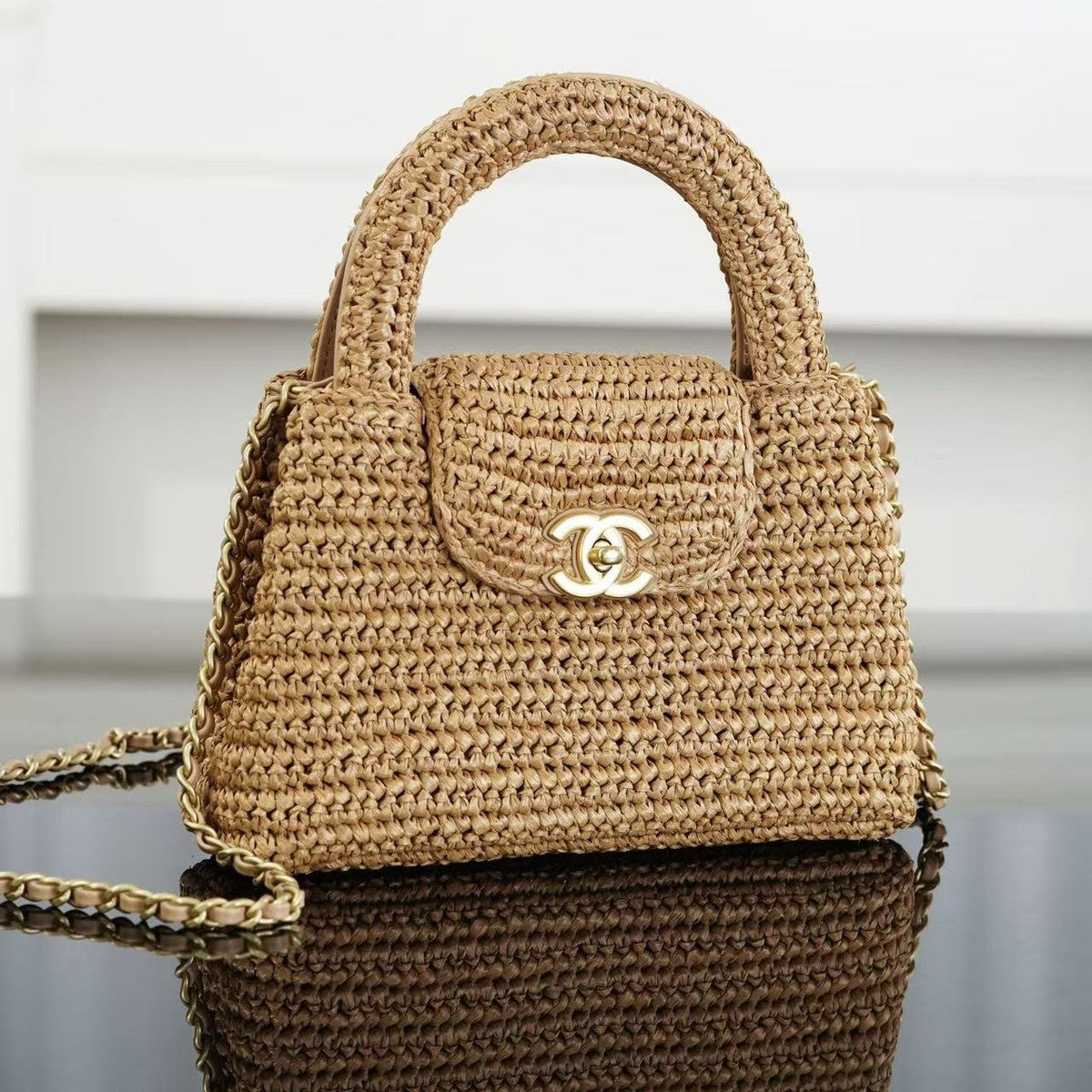 CC 26s Mini Shopping Bag Dark Beige Raffia