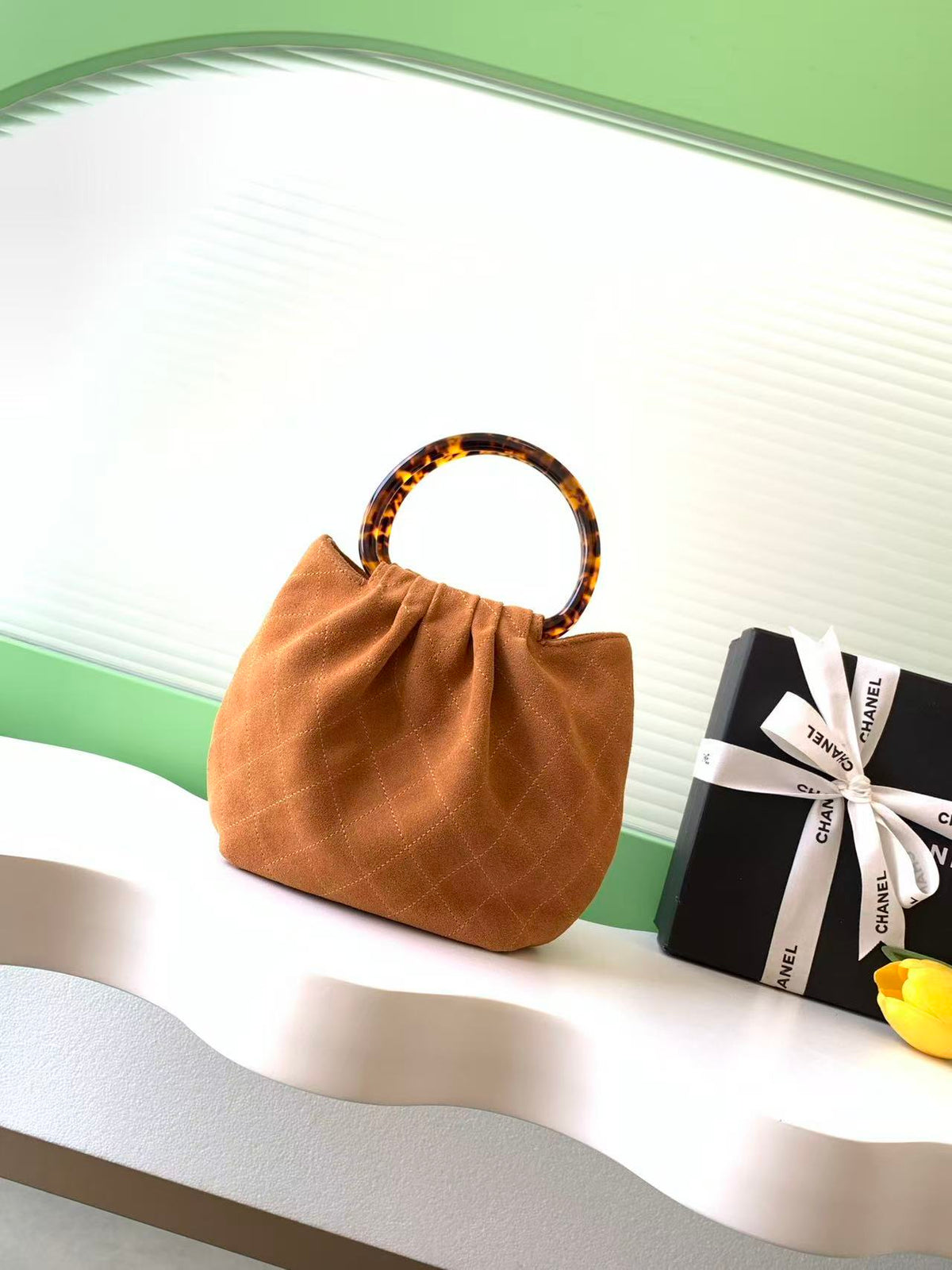 Chanel 2026 Pouch 24cm Brown Tortoiseshell Suede Effect Plexi